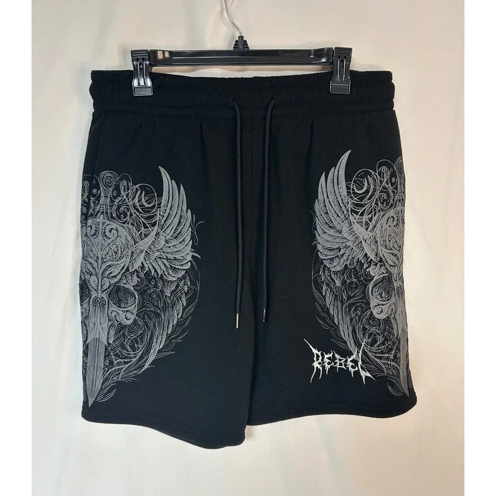 Rebel Vengeance Mens XL Black Graphic Wing Sword Sweat Shorts Streetwear Gothic - Picture 8 of 14
